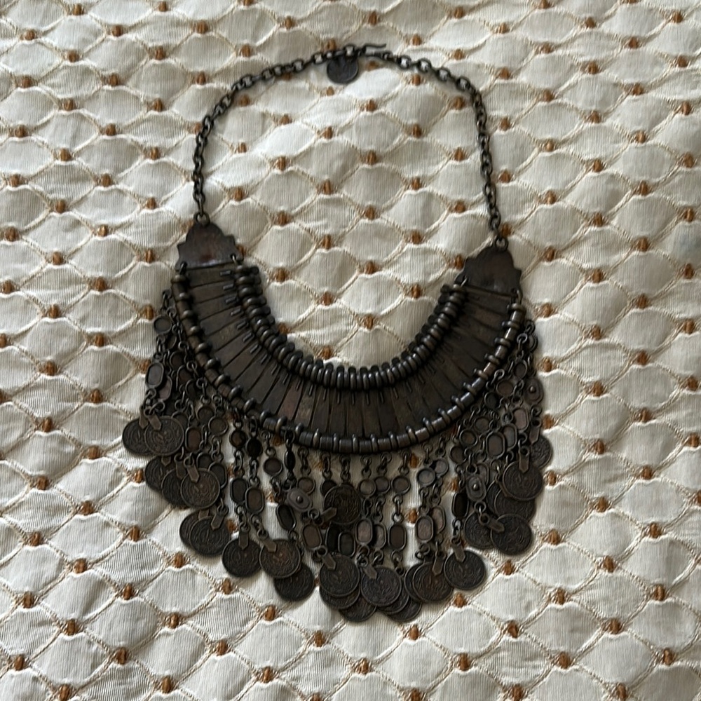 Free People Bronze Coin Elegant Black Statement Necklace